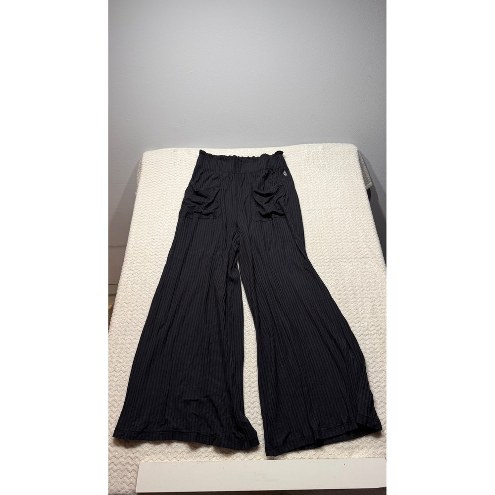 Free People Movement Black Ribbed Wide Leg Pants Large Smocked Waist Pockets